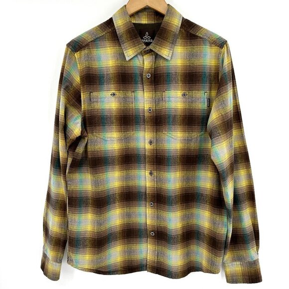 Prana Mens Morrison Yellow Plaid Button Front Long Sleeve Outdoor Medium Shirt - Picture 1 of 8